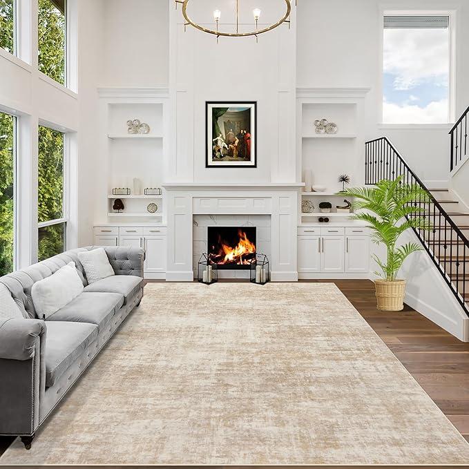 8x10 Area Rugs Washable Rug: Modern Abstract Living Room Rug Soft Anti-Skid Thin Carpet Indoor Floor Non-Shedding Carpets for Bedroom Dining Room Farmhouse Nursery Home Office Beige