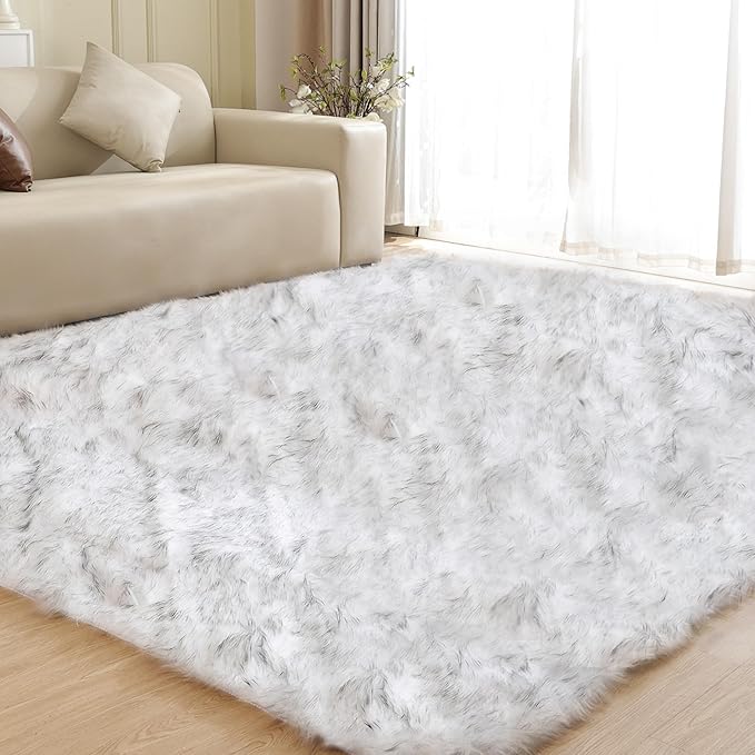 ORINOVA Gray and White Area Rug 6x9 Rugs for Bedroom Fuzzy Plush Large Sheepskin Washable Fluffy Fur Rug for Living Room Nursery Rug