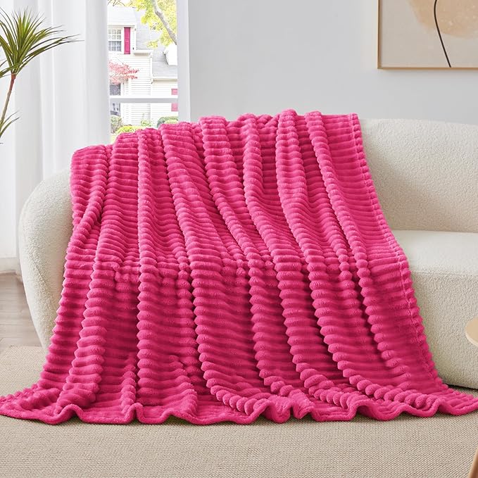 BEDELITE Twin Blanket for Couch & Bed, 300GSM Soft & Warm Fleece Blanket, Decorative and Giftable Striped Hot Pink Blankets for Women, Men, 60"x80"