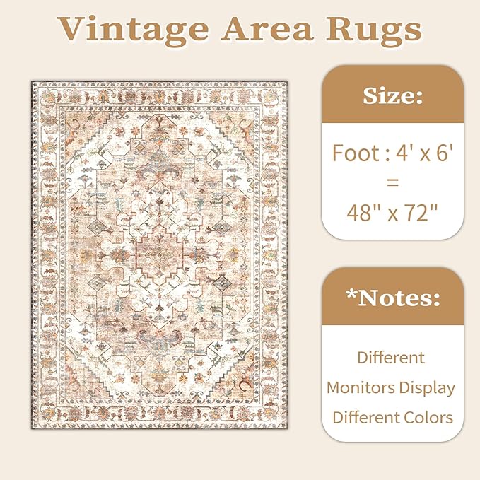 SERISSA 4x6 Boho Bedroom Rug, Washable Non Slip Vintage Peach Cream Area Rugs, Ultra Soft Print Distressed Tribal Entry Rug Low-Pile Throw Carpet for Nursery Dorm Kitchen Living Room Decor