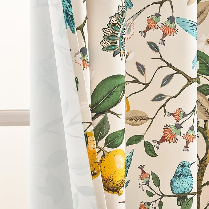 Topfinel Beige Vintage Floral Curtains 84 Inch Long Luxury Whimsical Euro Flower Lemon Hummingbird Patterned Waverly Mid Century Colorful Blackout Drapes for Living Room Bedroom