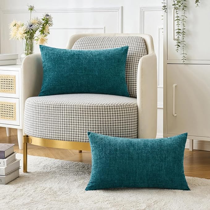 MIULEE Pack of 2 Dark Teal Throw Pillow Covers 12x20 Inch Soft Chenille Lumbar Pillow Covers for Sofa Living Room Couch Solid Dyed Cases