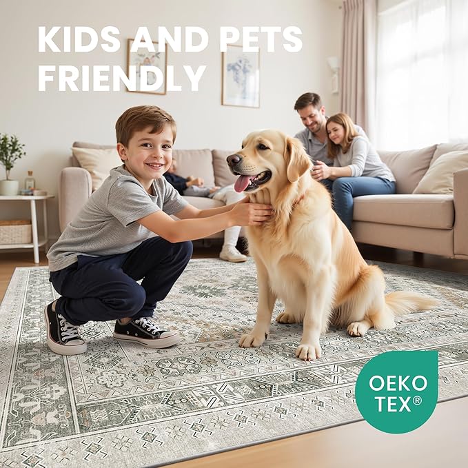 zesthome 8x10 Area Rugs for Living Room,Non-Slip Backing Washable Rugs,Vintage Large Area Rug，Stain Resistant Home Decor Rug (Brown/Grey,8'x10')