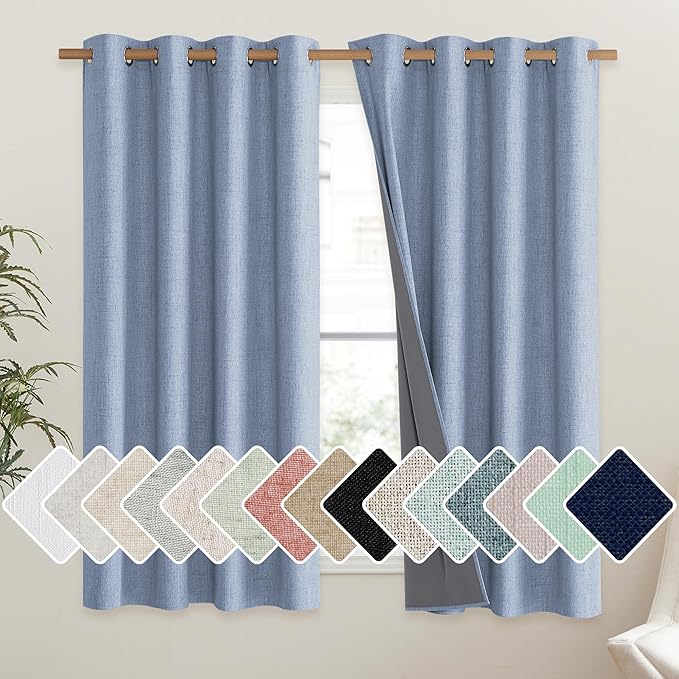 NICETOWN Stone Blue Vintage Linen 100% Blackout Curtains for Living Room, Thermal Insulated Curtains 45" Long, Noise Reducing Window Treatment Drapes for Hall Room, 52" Wide Per Panel, Set of 2