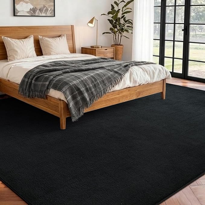 FinRèc 5x7 Washable Area Rugs for Bedroom Living Room, Low Pile Thin Rug Solid Color, Non-Slip Carpet Indoor for Home Decor (Pure Black)