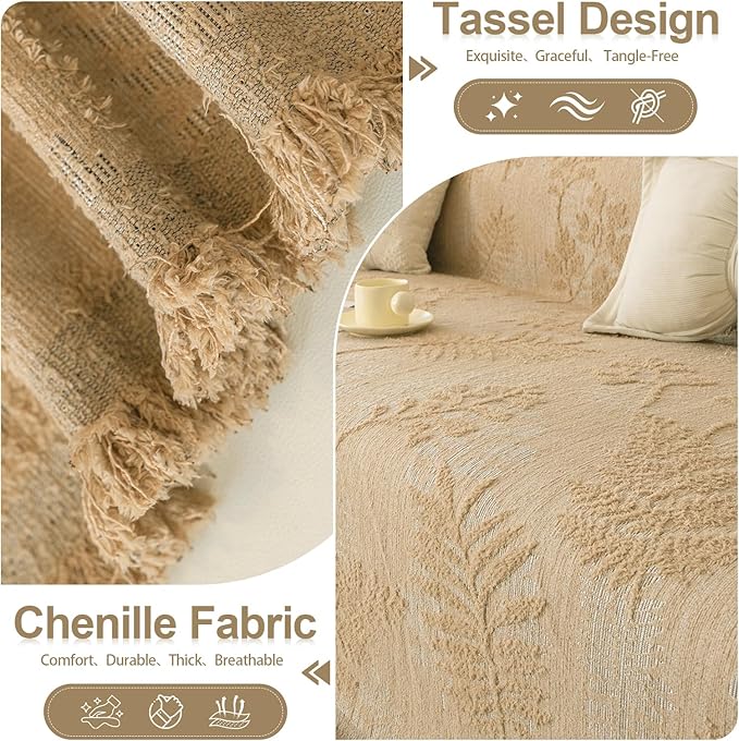 HANDONTIME Washable Couch Covers for Sofa Boho Couch Covers for 3 Cushion Sofa Pet Friendly Camel Chenille Jacquard Couch Protector for Dogs Plant Branch Sectional Cover Sofa Slipcovers, 71" X 118"