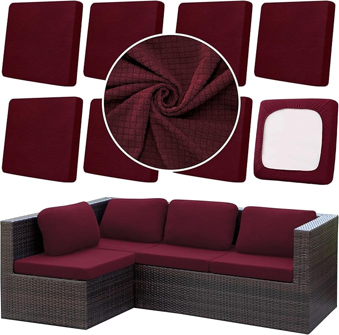 8Pcs Outdoor Cushion Covers, Patio Cushion Covers,Stretch Elastic Slipcovers, Replacement Washable & Reusable Furniture Protector for Patio Couch,Thick Jacquard Fabric(Wine Red, Cover Only)