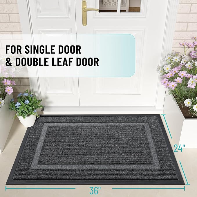OLANLY Front Door Mat Indoor Outdoor Entrance, Waterproof All-Season, All-Weather Doormat, Sturdy Natural Rubber, Fade Resistant, Low Profile, Easy Clean Patio Porch Entryway Mat, 36x24, Grey