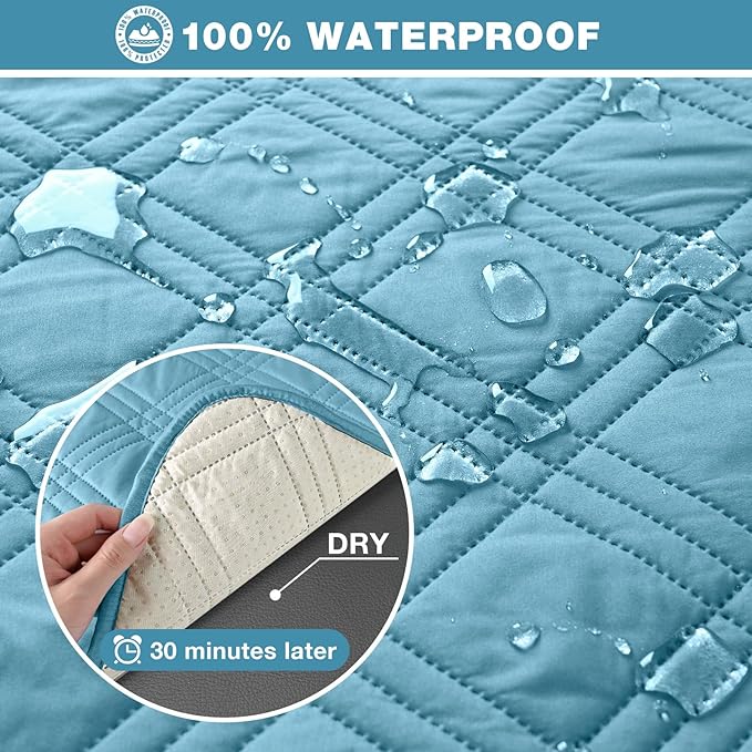 TAOCOCO 100% Waterproof Loveseat Recliner Cover, Non Slip Split Recliner Couch Cover with Elastic Straps, Washable Reclining Sofa Cover Furniture Protector for Kids, Pets(2 Seater, Sky Blue)