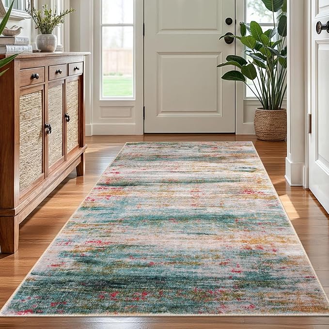 KOZYFLY Washable Area Rug 5x7 Modern Ombre Thin Rugs for Living Room Non-Slip Soft Striped Rug for Bedroom, Print Green Abstract Carpet for Laundry Kid Room