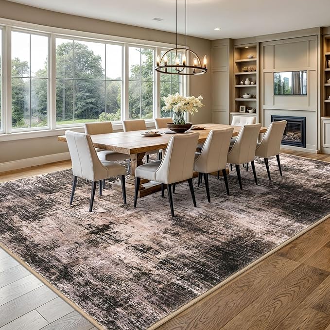 IOHOUZE Abstract Area Rugs 9x12 Ft Washable Large Rugs for Living Room, Non Slip Dining Room Rug, Printed Faux Wool Rugs for Bedroom, Floor Carpet for Office Nursery Playroom, Brown/Rust