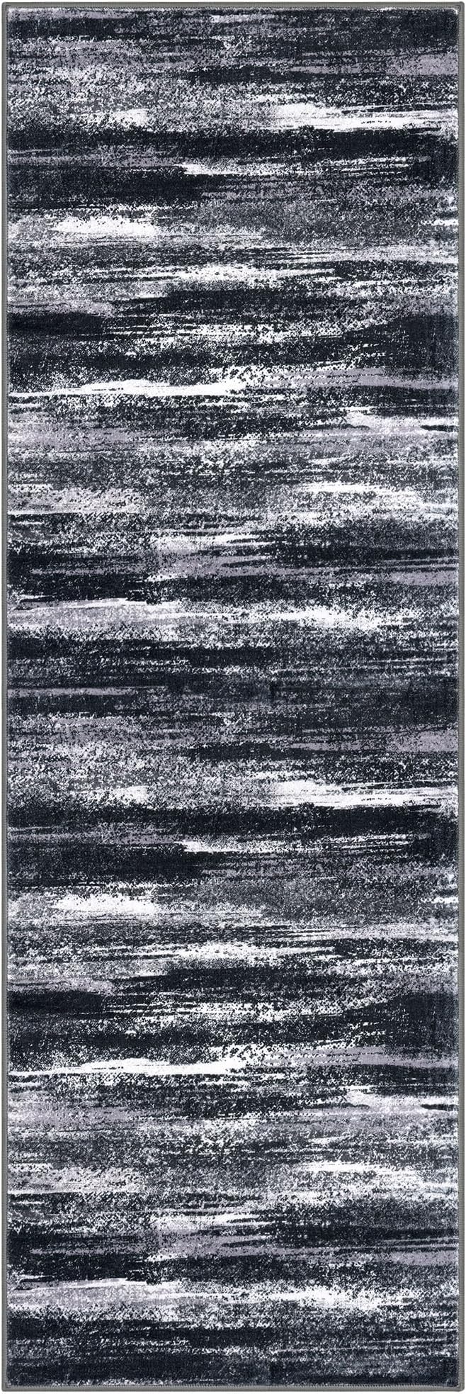 Lansny Modern Abstract Runner Rug 2x6, Black Grey Washable Entryway Runner Non-Slip Soft Hallway Rug Runner Thin Print Faux Wool Carpet for Kitchen Bedroom Laundry Room Indoor