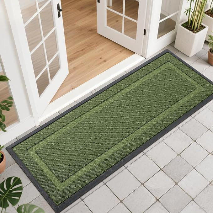 OLANLY Front Door Mat Indoor Outdoor Entrance, Waterproof All-Season, All-Weather Doormat, Sturdy Natural Rubber, Low Profile, Easy Clean Patio Porch Entryway Mat, 47x17, Classic Green