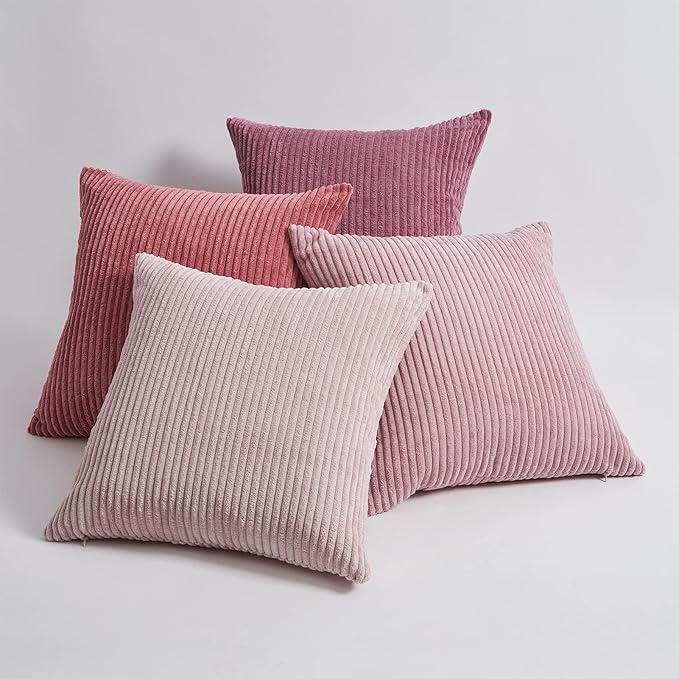 Topfinel Throw Pillow Cover 4pc Set - Multi Pink Combo - 26" x 26" Solid Cozy Corduroy Square Accent Decorative Cushion Case for Couch Sofa Chair Bed & Home, Only Covers