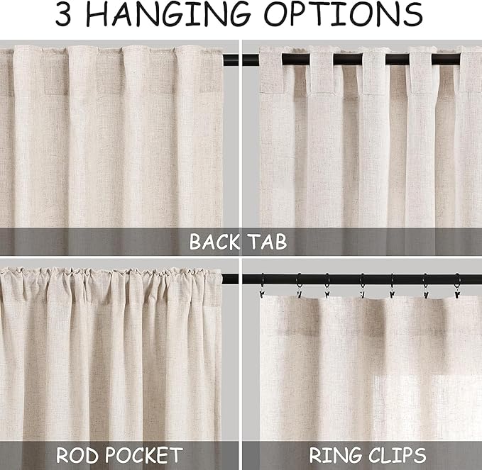 Nanspring 30 Inch Long Beige Curtains for Kitchen Linen Blend Farmhouse Decor Semi Sheer Light Filtering Back Tab and Rod Pocket Short Curtain for Bathroom Small Window 30 x 30 Inch, 2 Panels
