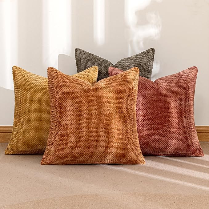 MIULEE Pack of 4 Orange/Yellow Couch Throw Pillow Covers 20x20 Inch Halloween Soft Decorative Chenille Pillows Farmhouse Accent Cushions for Boho Home Decor Spring Sofa Bedroom Living Room