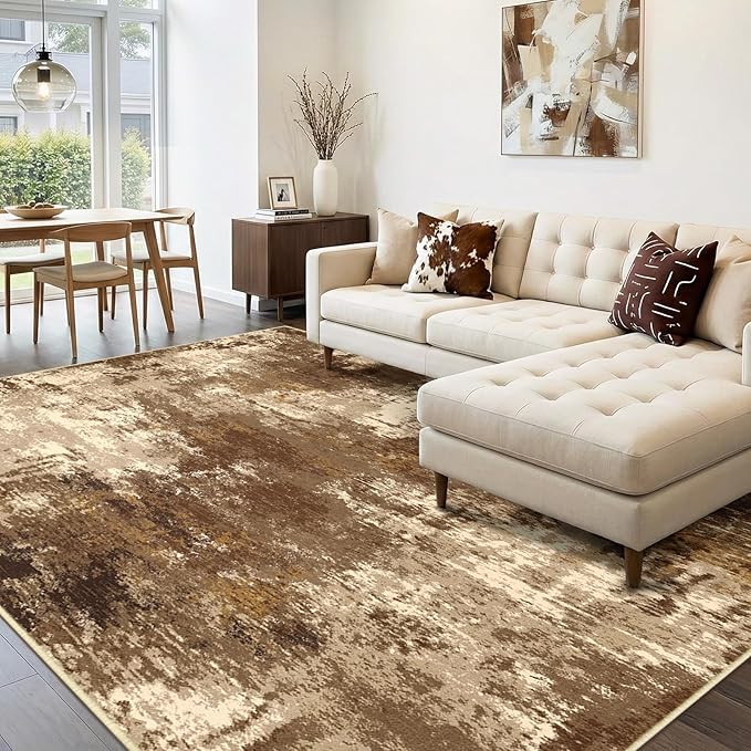 Washable Area Rugs 5'x7' Non-Slip Modern Abstract Soft for Living Room Entryway Bedroom Nursery, Print Pattern, Brown Tan Beige Coffee