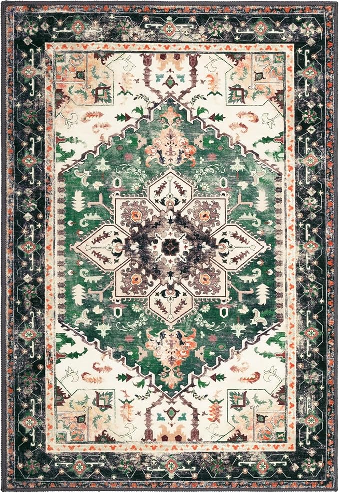 Yamaziot Washable Area Rug, 2x3 Small Entryway Rug Non-Slip Boho Vintage Rug with Rubber Backing, Low Pile Faux Wool Soft Distressed Floor Carpet for Indoor Door Mat, Kitchen, Laundry Bathroom