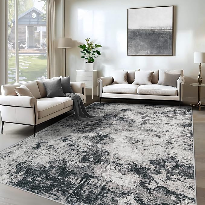XLUEZ 6x9 Area Rugs for Living Room, Washable Modern Abstract Large Area Rug Neutral Soft Non Slip Kids Rug Stain Resistant Indoor Carpet for Bedroom Nursery Dining Room Playroom(Black, 6'x9')
