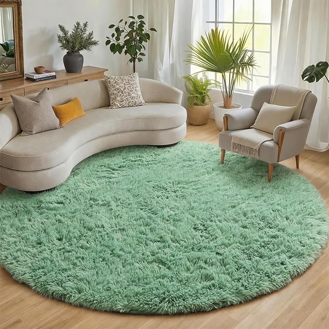 ONASAR Sage Green Round Area Rugs 6ft, Fluffy Soft Bedroom Circle Rug for Kids Girls Boys Teen Room, Cute Furry Plush Shaggy Carpet Floor Mats for Nursery Living Room Playroom Dorm Home Decor