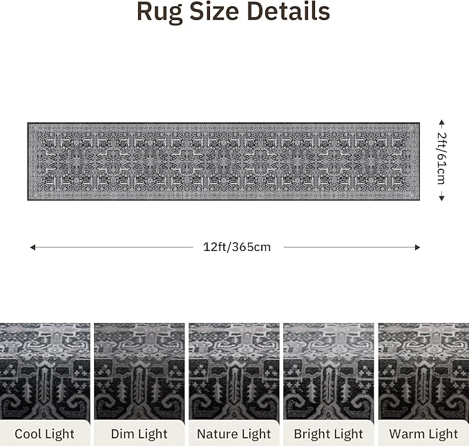 Hallway Washable Runner Rug 2x12 - Non Slip Vintage Kitchen Runner Rugs for Entryway Low-Pile Waterproof Long Runners for Living Room Bedroom Medallion Indoor Floor Mat for Bathroom Laundry Black
