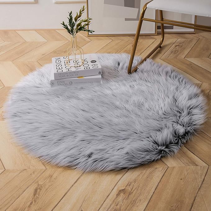 Ashler faux fur rug, Fluffy Shaggy Area Rug Ultra Soft 3 x 3 Feet Round Fur Rug, Frosted Bottom Black Fuzzy Rug Machine Washable Shag Rug, Nursery Decor Throw Rugs for Bedroom, kids room, Living Room