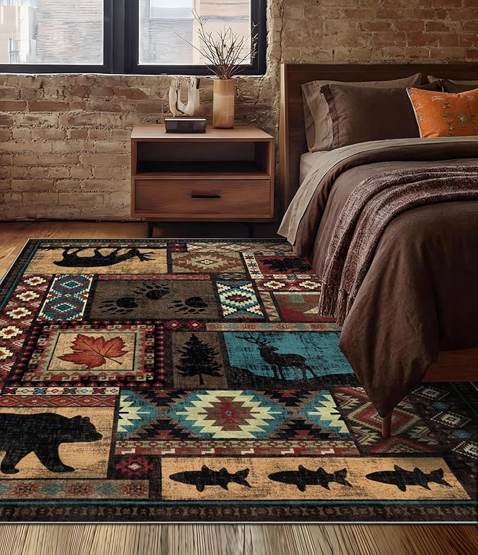 YIHOUSE Rustic Cabin Area Rug 4x6,Machine Washable Lodge Bear Rug,Non-Slip Low Pile Print Pattern Western Rug for Living Room Bedroom