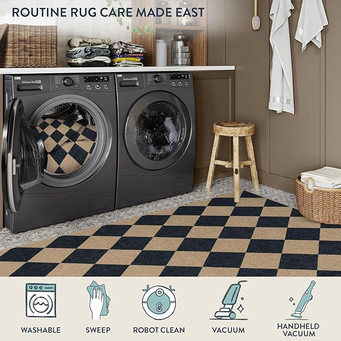 Lahome Colette Checkered Easy Jute 3x5 Outdoor Patio Rug, Washable Rugs for Entryway Diamond Indoor Outdoor Living Room Carpet, Farmhouse Neutral Non Slip Black Door Carpet for Backyard Bedroom
