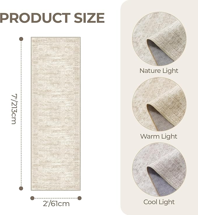 2x7 Runner Rug Non Slip, Thin Entryway Washable Rug for Entryway, Runners for Hallways, Low Pile Vintage Abstract Soft Rugs for Living Room, Kitchen, Bedroom(2'x7', Beige/Ivory)