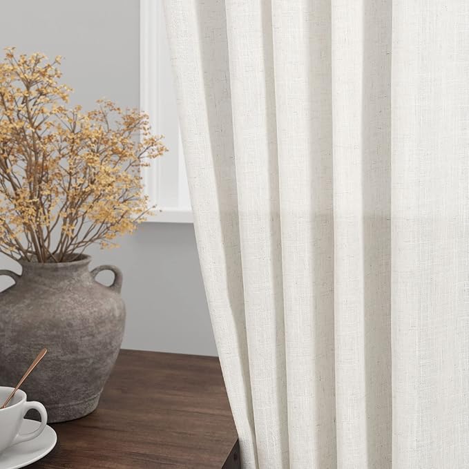 Elegant Cream Linen Curtains Semi Sheer Curtain 98 Inches Long for Bedroom Neutral Light Filtering Drapes for Livingroom 2 Penels Set Back Tab Window Curtains Linen Textured 52x98