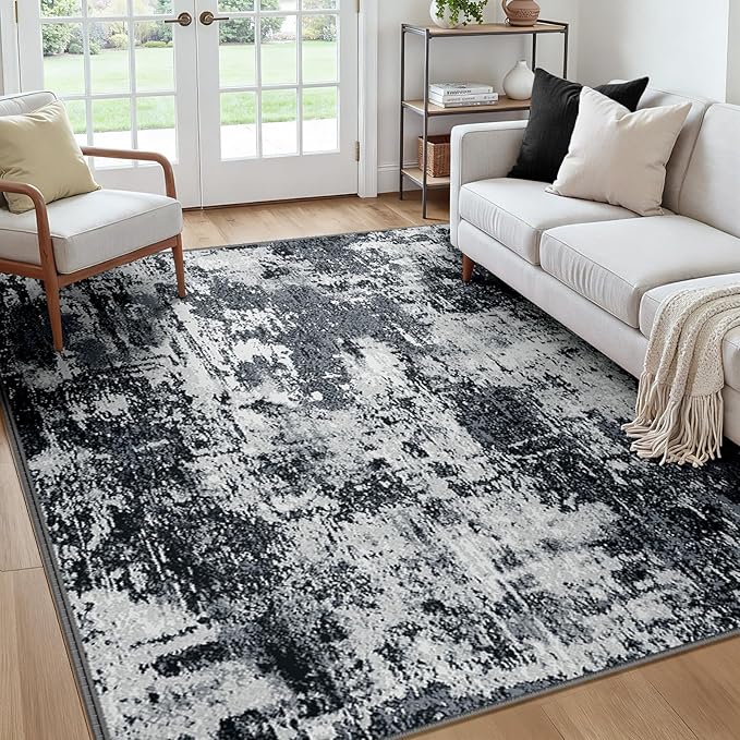 Washable Area Rugs Square 7ft Non-Slip Modern Abstract Soft for Living Room Entryway Bedroom Nursery, Print Pattern, Black Navy Blue Gray