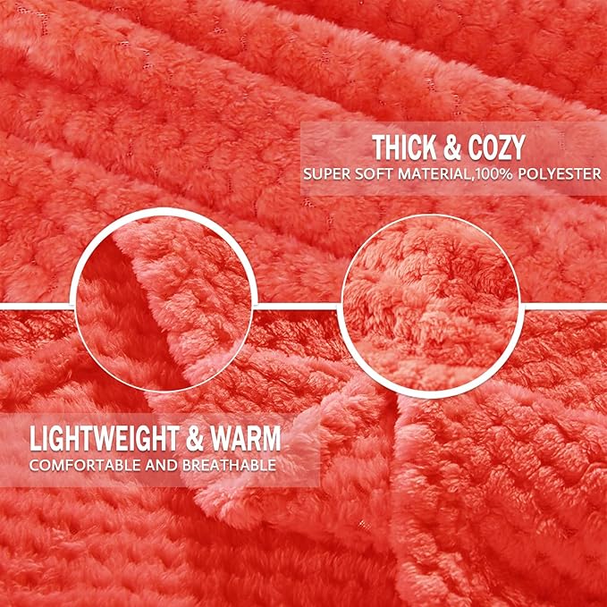 Exclusivo Mezcla Fleece Throw Blanket Extra Large, Super Soft and Warm Blankets for Couch, Sofa and Bed Waffle Textured, Cozy, Fuzzy and Lightweight (Coral Orange, 50x70 Inches)
