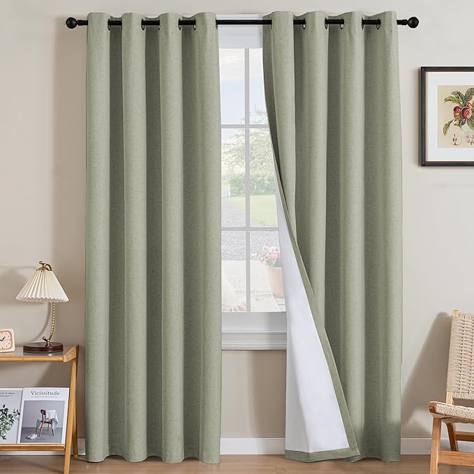 H.VERSAILTEX Linen Curtains 100% Blackout Curtains for Bedroom 102 inch Long Full Light Blocking Nature Linen Blended Window Curtains for Living Room Nickel Grommet (2 Panels, Heathered Tea)