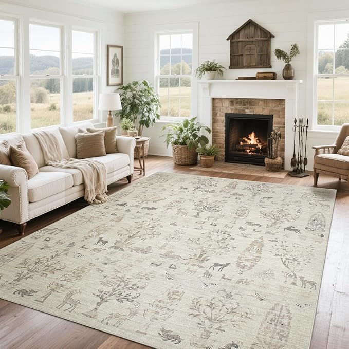 Washable Rugs 8x10 Area Rugs for Living Room,Bedroom,Dining Room- Large Ultra Soft Faux Wool Retro Carpet,Non Slip&Non-Shedding Low Pile Vintage Print Rug for Home Office Dorm Playroom-Brown