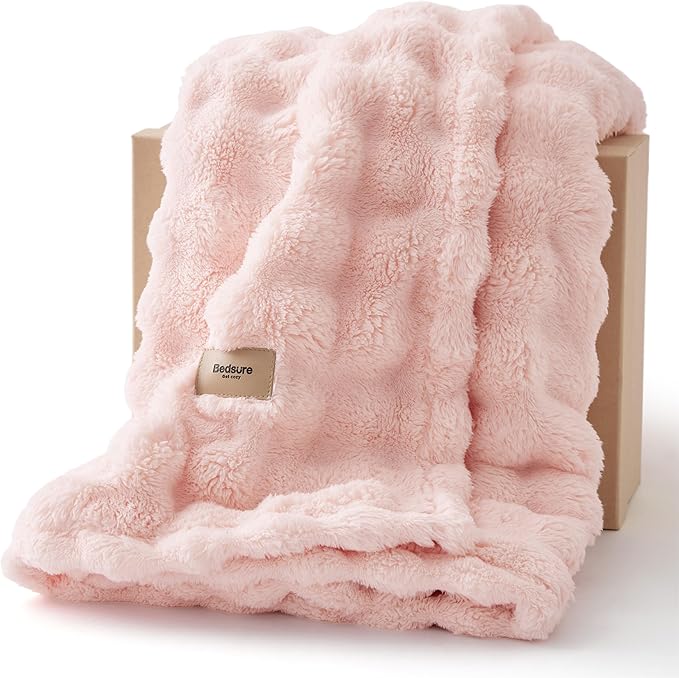 Bedsure 3D Fleece Bubble Blanket for Couch - GentleSoft Pink Throw Blanket for Sofa Bed Room Decor - Luxury Soft Cozy Spring Gifts for Kids Girls, Lightweight, Crystal Pink, 50"×60"