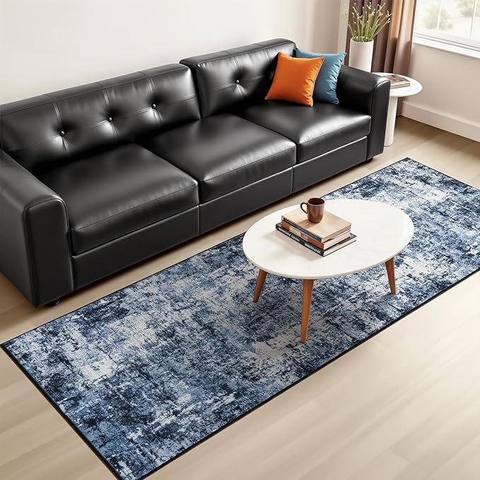 Rugflix 2x8 Runner Rug for Entryway, Kitchen Rugs Soft Non-Slip Washable Runners for Hallway, Abstract Small Carpet with Non-Slip Rubber for Bedroom, Living Room, Navy Blue/Black
