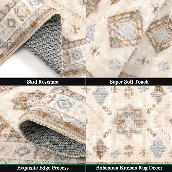 HEBE Boho Kitchen Rug Sets 3 Piece with Runner Non Slip Kitchen Rugs and Mats Washable Kitchen Mats for Floor Thick Kitchen Floor Mat Carpet Runner Rugs for Hallway Laundry Holiday Decor