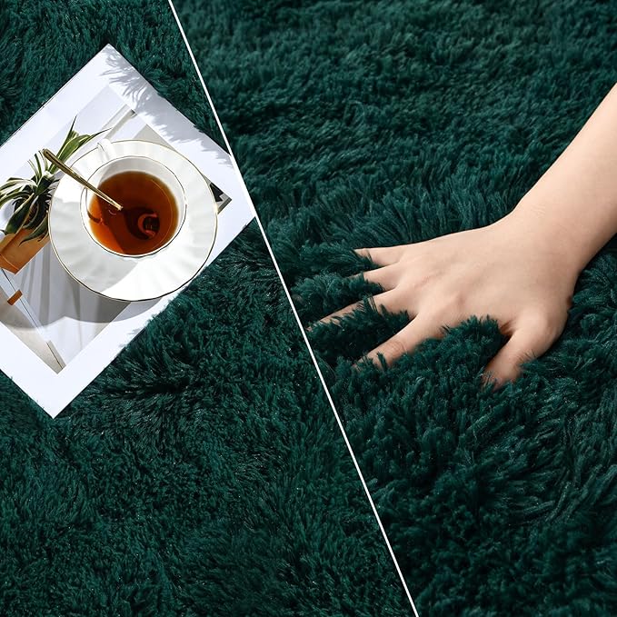 Deerhoo Soft Deep Green Area Rug Shaggy Rugs Fluffy Carpets for Living Room Bedroom Girls Room Nursery Home Decor, 4 X 6 Dark Green Tie-Dyed Plush Fuzzy Rugs, Shag Indoor Floor Bedside Rug