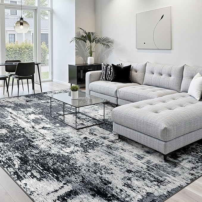 Washable Area Rugs 7x10 Non-Slip Modern Abstract Soft for Living Room Entryway Bedroom Nursery, Print Pattern, Black Navy Blue Gray