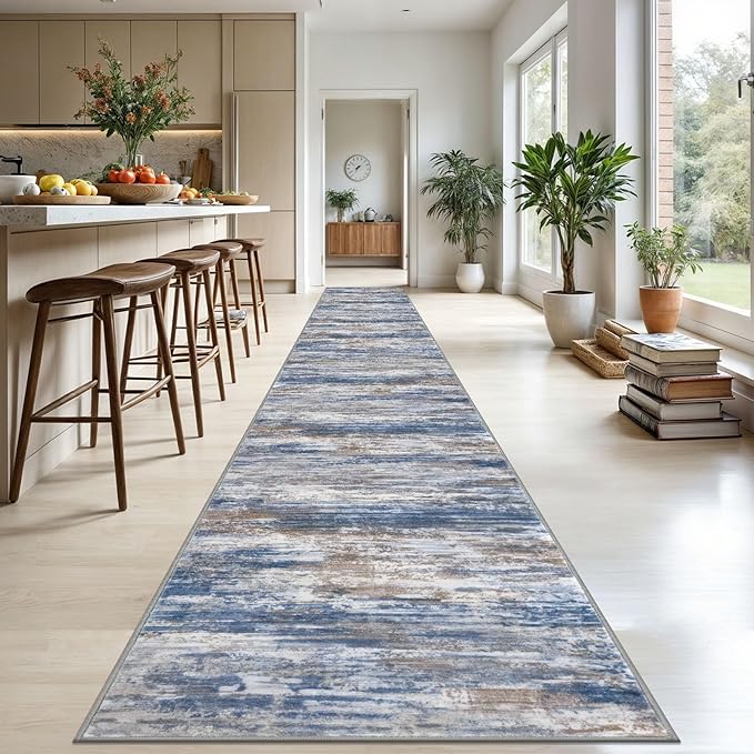KOZYFLY Modern Abstract Washable Runner Rug 2.6x20 Hallway Runners Non-Slip Soft Kitchen Runner Rugs, Blue Rust 20 Foot Carpet Runner for Stair Entryway Bathroom Laundry Room Foyer