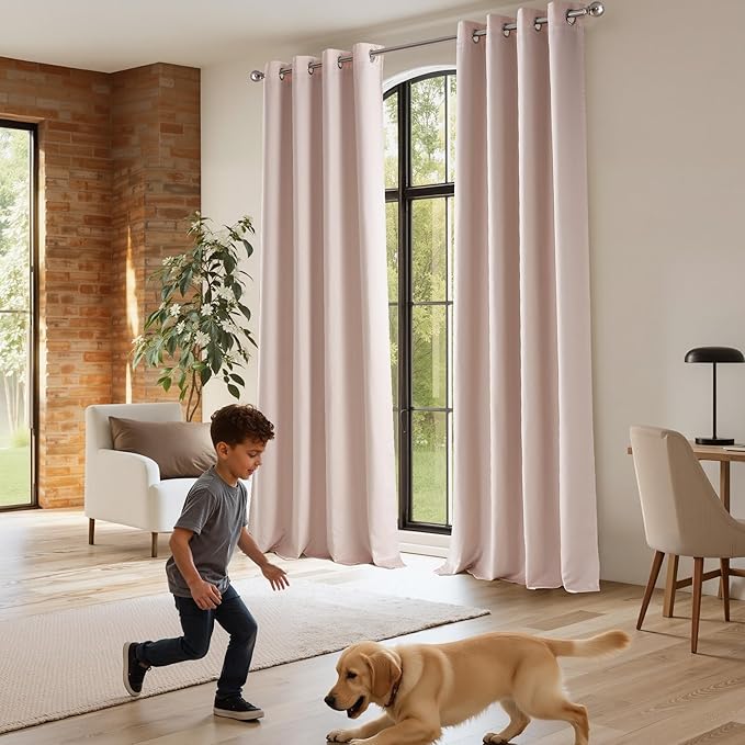 NICETOWN 100% Blackout Window Curtain Panels 84" Long, Pink, 2 Pieces, 52 inches Wide per Panel, Heat & Cold Blocking Faux Silk Drapes with Black Liner for Nursery, Thermal Insulated Draperies
