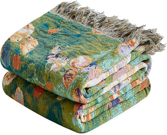 MSGKV Boho Throw Blanket for Bed Cotton Floral Twin Size Couch Blanket 60"x80" Muslin Spring Breathable Lightweight Farmhouse Blankets All Seasons