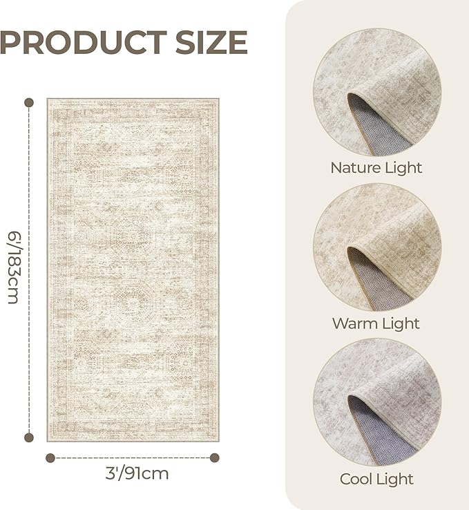 3x6 Runner Rug Non Slip, Thin Entryway Washable Rug for Entryway, Runners for Hallways, Low Pile Vintage Abstract Soft Rugs for Living Room, Kitchen, Bedroom(3'x6', Beige/Ivory)