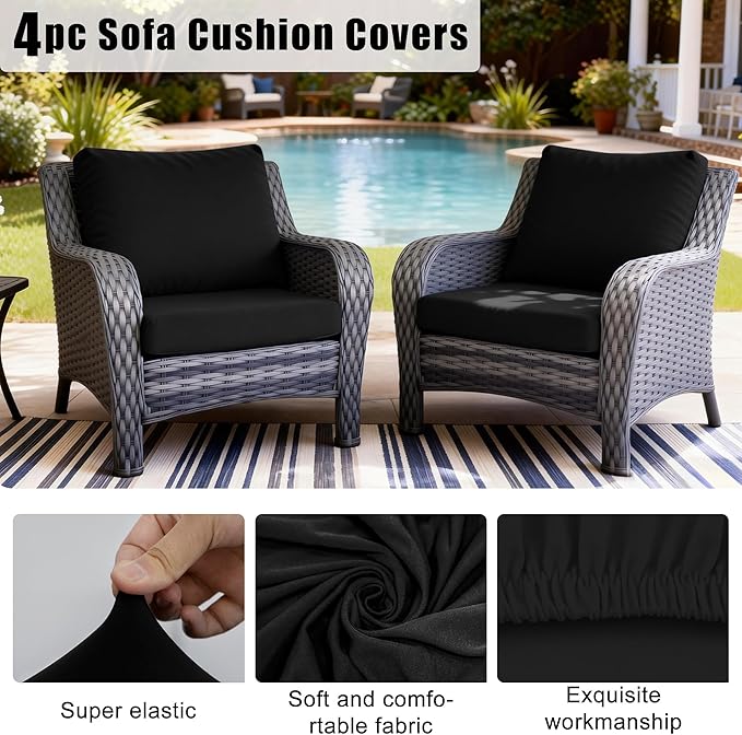 4Pcs Outdoor Cushion Covers, Patio Cushion Covers,Stretch Elastic Slipcovers, Replacement Washable & Reusable Furniture Protector for Patio Couch (Black,Cover Only)