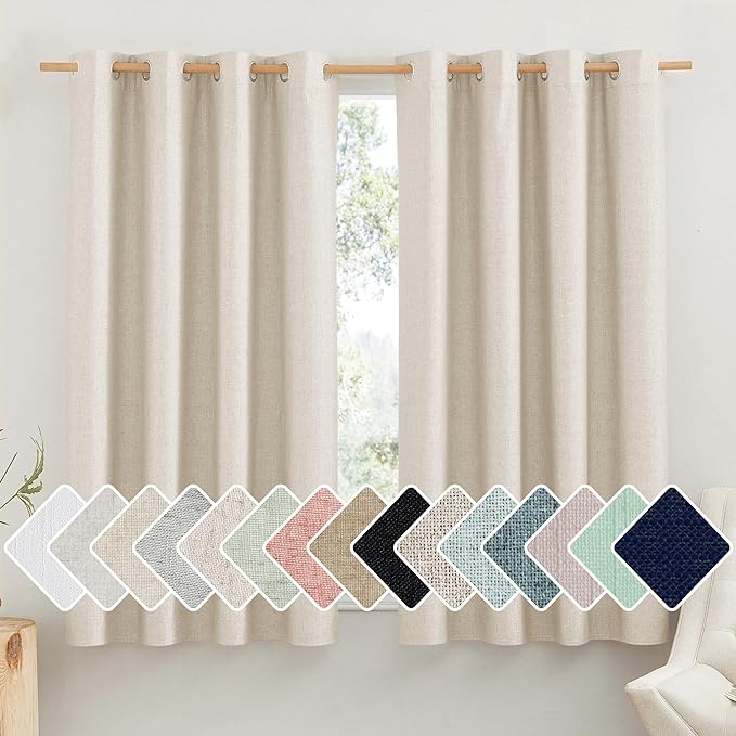 NICETOWN 100% Absolutely Blackout Linen Curtains with Thermal Insulated White Liner, Beige, 52" Wide by 48" Long, 2 Pieces, Anti-Rust Grommet Natural Burlap Fabric Window Drapes for Bedroom/Kids Room