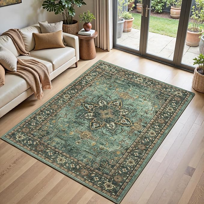 Lofus 3x5 Area Rugs for Living Room, Washable Area Rug, Rugs for Bedroom, Kitchen, Vintage Boho Carpet, Soft Non-Slip, Low Pile Large Area Rug for Office Dining Room, Green