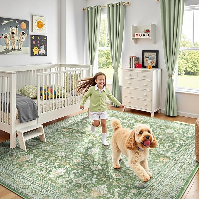 Lofus 6x9 Area Rug for Living Room,Light Green Washable Area Rugs with Non-Slip Backing,Soft Boho Carpets for Bedroom Dining Room Home Office Indoor Nursery
