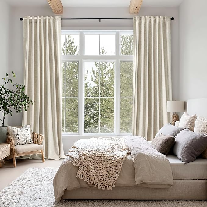 MIULEE 100% Blackout Linen Curtains for Bedroom, Cream Solid Luxury Decor Thermal Insulation Room Darkening Drapes for Living Room Nursery Back Tab Rod Pocket 42 x 84 Inches, 2 Panels