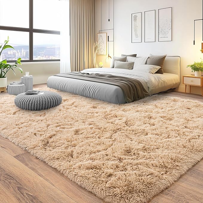 Pionblank 9x12 Area Rug, Large Area Rug for Living Room, Shag Rug for Bedroom, Soft Furry Non Slip Carpet for Kids Room Nursery Teens Dorm Home Decor, Camel