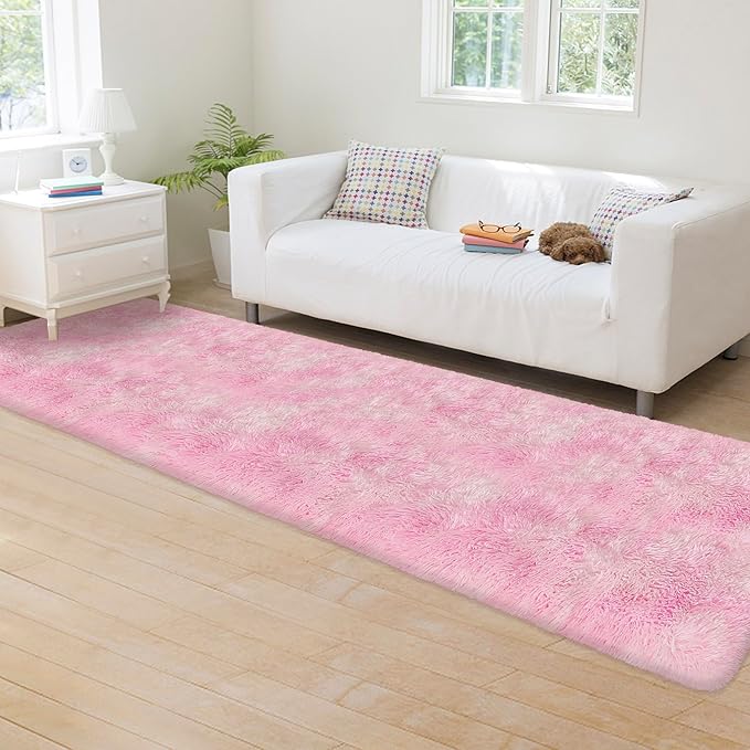 Super Soft Fluffy Living Room Area Rug 2x8 ft Tie-Dyed Light Pink Shaggy Furry Carpet Washable Non-Slip Floor Rugs Bedroom Bedside Nursery Kawaii Rug Fuzzy Girls Dorm Home Decor Aesthetic